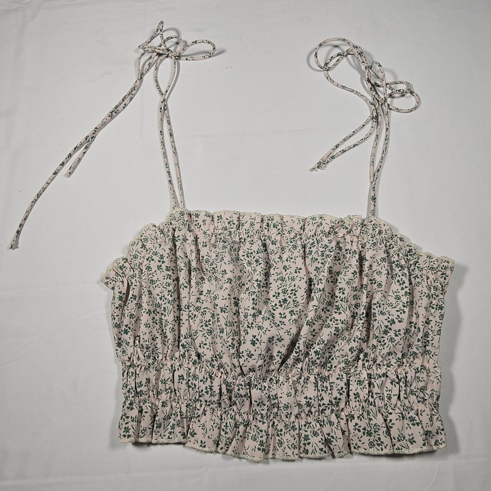 Shein Floral Smocked Crop Top Pink Green Tie Strap Cami Womens Size Small S